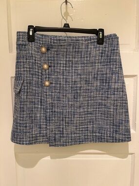 Maeve Blue Tweed Mini Skirt with Pearl Buttons